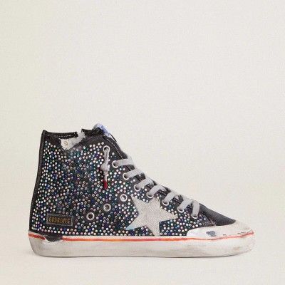 Golden Goose Francy Penstar Lab In Black Canvas With Multicolor Rhinestones