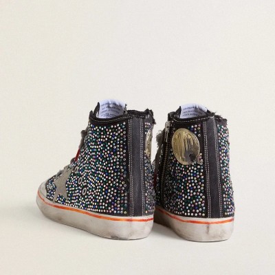 Golden Goose Francy Penstar Lab In Black Canvas With Multicolor Rhinestones