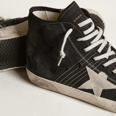 Golden Goose Francy Penstar In Black Canvas With White Suede Star And Black Suede Heel Tab Golden Goose Francy Penstar In Black Canvas With White Suede Star And Black Suede Heel Tab