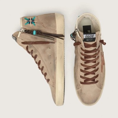 Golden Goose Francy In Beige Suede With Brown Leather Star And Colored Beads Golden Goose Francy In Beige Suede With Brown Leather Star And Colored Beads