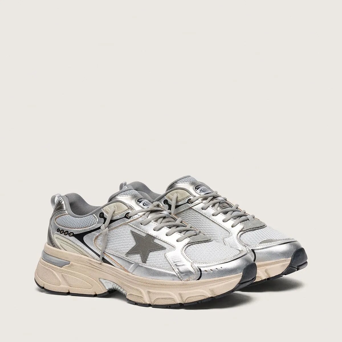 Golden Goose Lightstar In Gray Mesh And Silver Nappa Leather With Gray Tpu Star Golden Goose Lightstar In Gray Mesh And Silver Nappa Leather With Gray Tpu Star