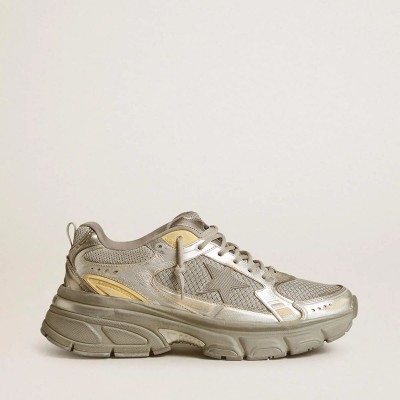 Golden Goose Lightstar In Metallic Leather And Silver Mesh With Gray Star Golden Goose Lightstar In Metallic Leather And Silver Mesh With Gray Star