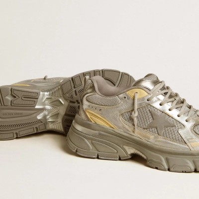 Golden Goose Lightstar In Metallic Leather And Silver Mesh With Gray Star Golden Goose Lightstar In Metallic Leather And Silver Mesh With Gray Star