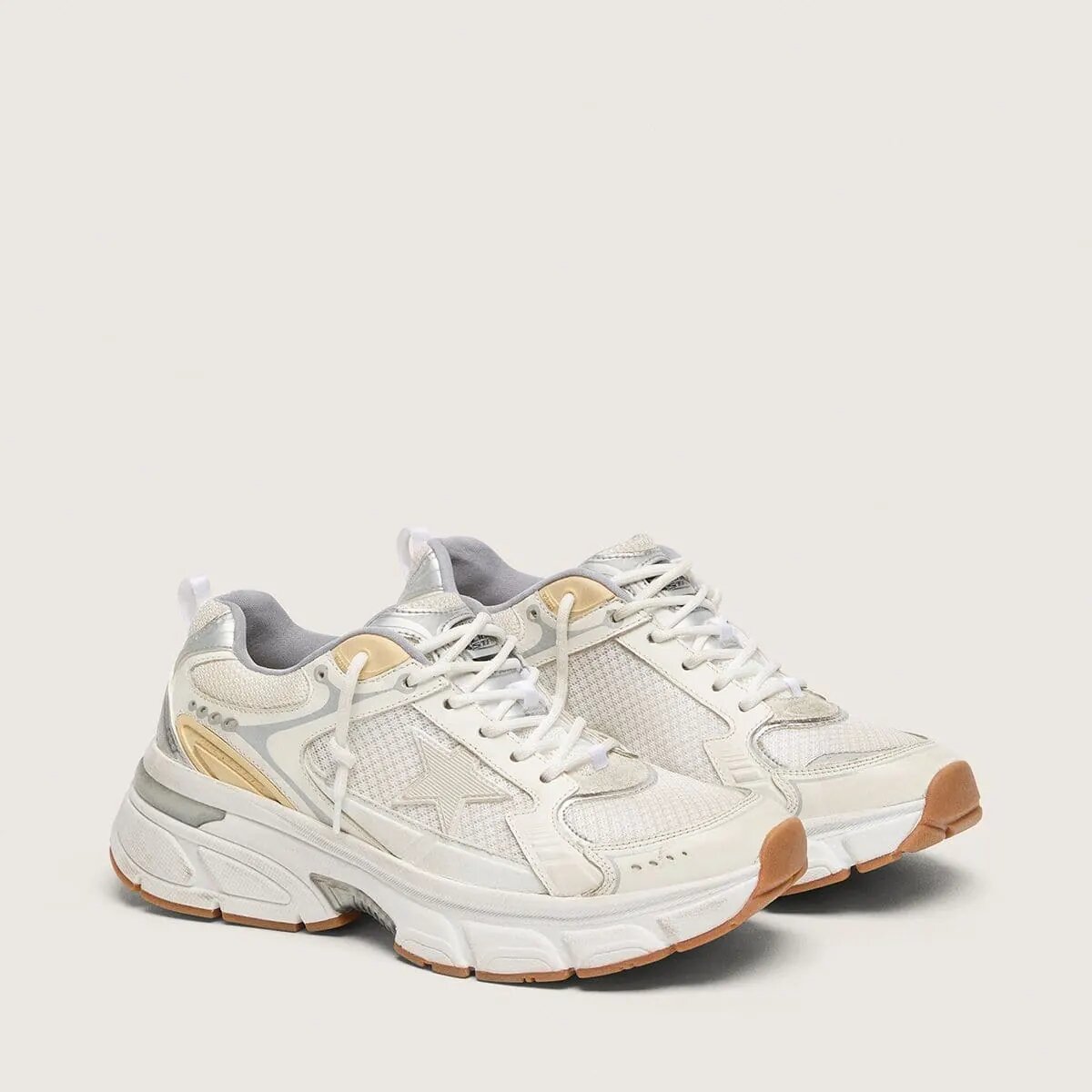 Golden Goose Lightstar In White Leather And Mesh With Worn-White Star Golden Goose Lightstar In White Leather And Mesh With Worn-White Star