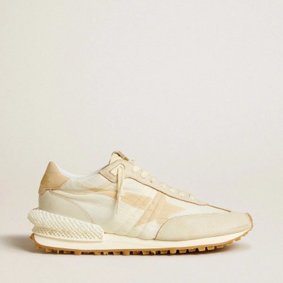 Golden Goose Marathon In Beige Nylon And Gray Leather With Beige Printed Star Golden Goose Marathon In Beige Nylon And Gray Leather With Beige Printed Star