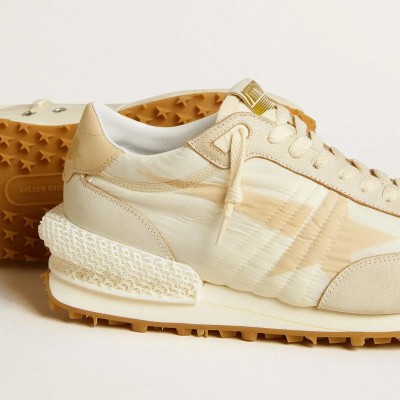 Golden Goose Marathon In Beige Nylon And Gray Leather With Beige Printed Star Golden Goose Marathon In Beige Nylon And Gray Leather With Beige Printed Star