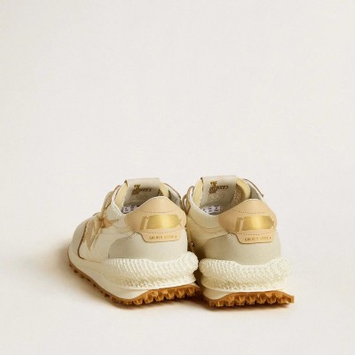 Golden Goose Marathon In Beige Nylon And Gray Leather With Beige Printed Star Golden Goose Marathon In Beige Nylon And Gray Leather With Beige Printed Star