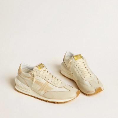 Golden Goose Marathon In Beige Nylon And Gray Leather With Beige Printed Star Golden Goose Marathon In Beige Nylon And Gray Leather With Beige Printed Star