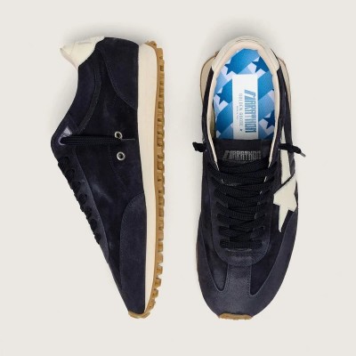 Golden Goose Marathon In Blue Navy Suede With White Leather Star And Heel Tab Golden Goose Marathon In Blue Navy Suede With White Leather Star And Heel Tab
