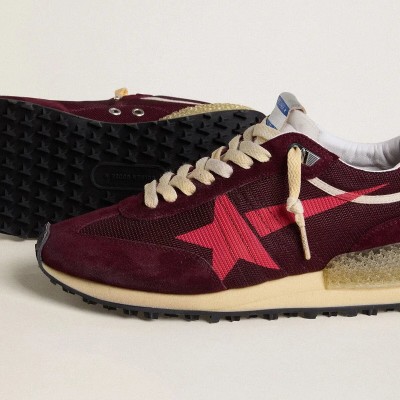 Golden Goose Marathon In Burgundy Mesh And Suede With Printed Pink Star Golden Goose Marathon In Burgundy Mesh And Suede With Printed Pink Star