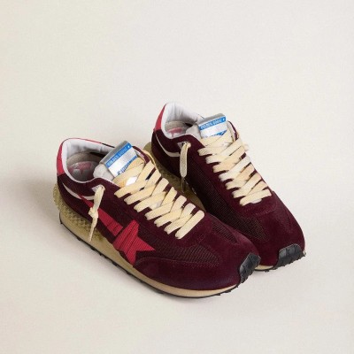 Golden Goose Marathon In Burgundy Mesh And Suede With Printed Pink Star Golden Goose Marathon In Burgundy Mesh And Suede With Printed Pink Star