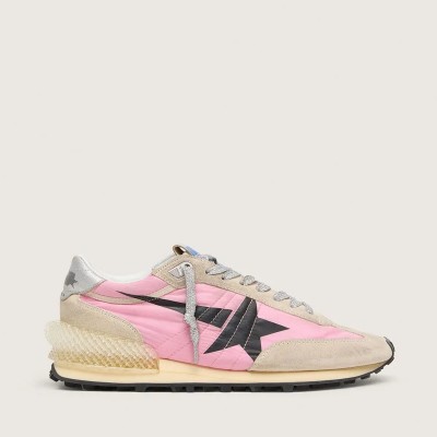 Golden Goose Marathon In Pink Nylon And Gold Suede With Black Printed Star Golden Goose Marathon In Pink Nylon And Gold Suede With Black Printed Star