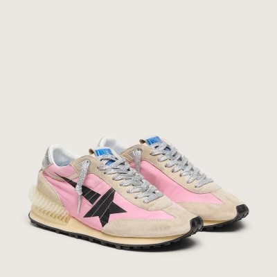 Golden Goose Marathon In Pink Nylon And Gold Suede With Black Printed Star Golden Goose Marathon In Pink Nylon And Gold Suede With Black Printed Star