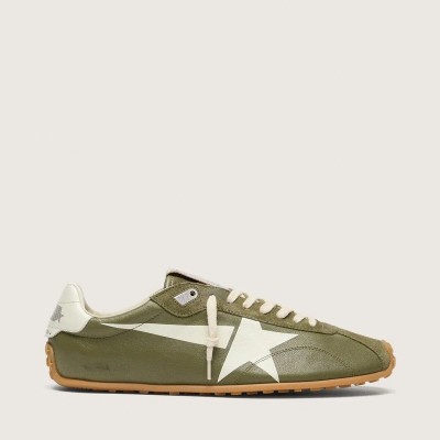 Golden Goose Marathon Speed In Olive-Green Leather With Cream Star Golden Goose Marathon Speed In Olive-Green Leather With Cream Star