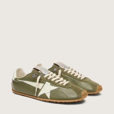 Golden Goose Marathon Speed In Olive-Green Leather With Cream Star Golden Goose Marathon Speed In Olive-Green Leather With Cream Star