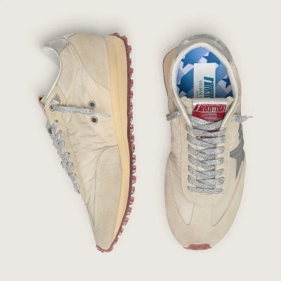 Golden Goose Marathon With Beige Nylon Upper And Gray Star Golden Goose Marathon With Beige Nylon Upper And Gray Star