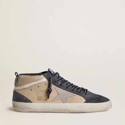 Golden Goose Mid Star In Beige And Blue Suede With Gray Nappa Leather Star And White Leather Flash