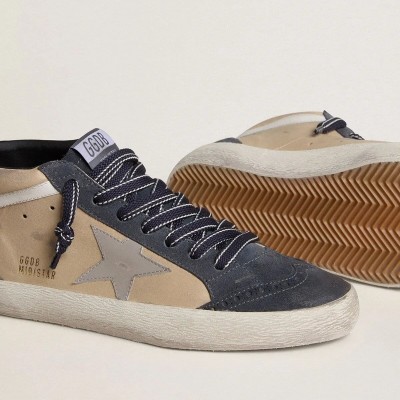 Golden Goose Mid Star In Beige And Blue Suede With Gray Nappa Leather Star And White Leather Flash
