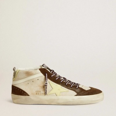 Golden Goose Mid Star In Beige Glitter With Yellow Suede Star And Cotton Flash