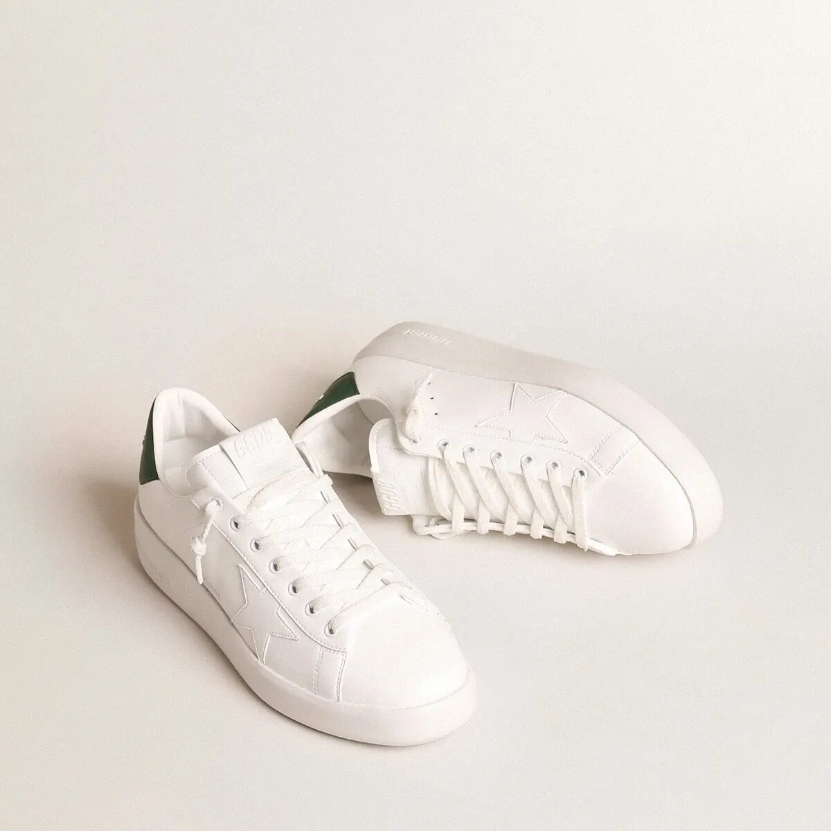 Golden Goose Purestar With White Bio-Based Star And Mat Green Leather Heel Tab Golden Goose Purestar With White Bio-Based Star And Mat Green Leather Heel Tab