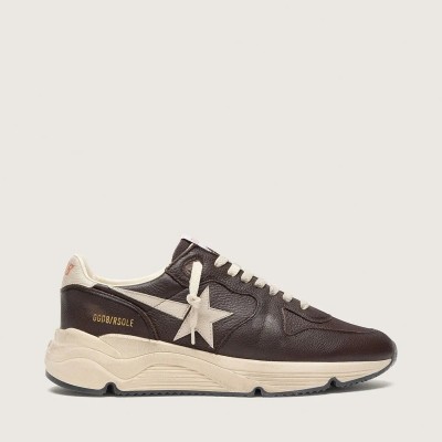 Golden Goose Running Sole In Brown Leather With Cream Star Golden Goose Running Sole In Brown Leather With Cream Star