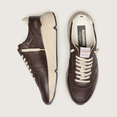 Golden Goose Running Sole In Brown Leather With Cream Star Golden Goose Running Sole In Brown Leather With Cream Star