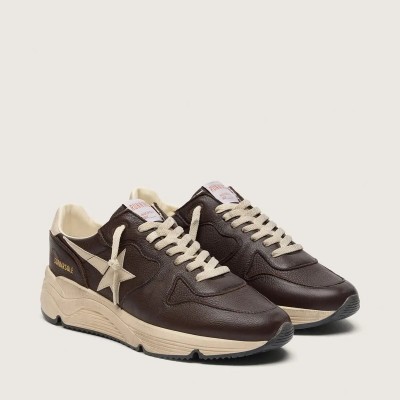 Golden Goose Running Sole In Brown Leather With Cream Star Golden Goose Running Sole In Brown Leather With Cream Star