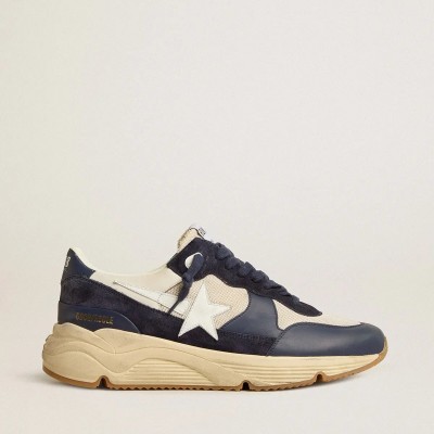 Golden Goose Running Sole In Cream Mesh And Blue Leather With A White Leather Star Golden Goose Running Sole In Cream Mesh And Blue Leather With A White Leather Star