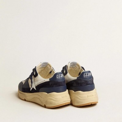 Golden Goose Running Sole In Cream Mesh And Blue Leather With A White Leather Star Golden Goose Running Sole In Cream Mesh And Blue Leather With A White Leather Star