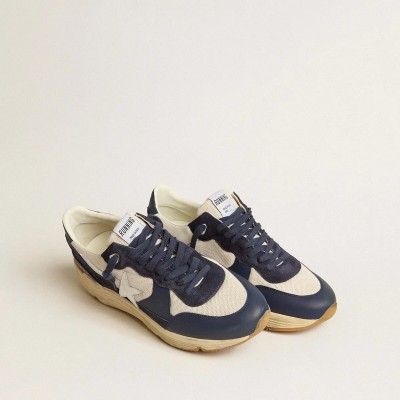 Golden Goose Running Sole In Cream Mesh And Blue Leather With A White Leather Star Golden Goose Running Sole In Cream Mesh And Blue Leather With A White Leather Star