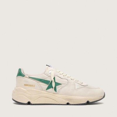 Golden Goose Running Sole In Cream Nylon And Leather With Green Leather Star Golden Goose Running Sole In Cream Nylon And Leather With Green Leather Star