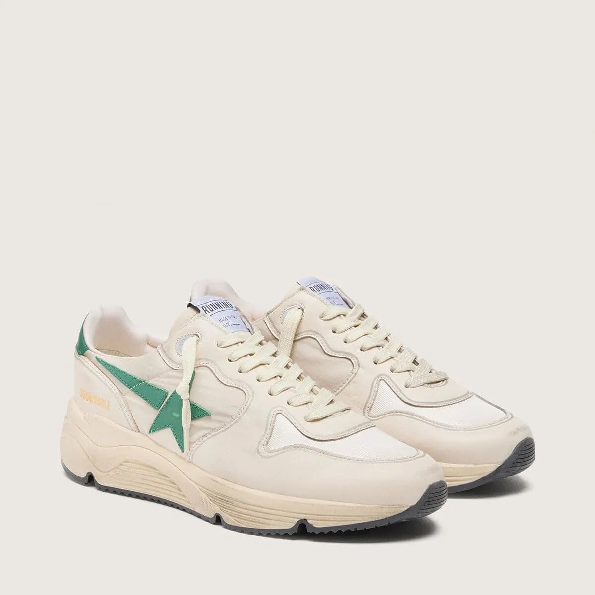 Golden Goose Running Sole In Cream Nylon And Leather With Green Leather Star Golden Goose Running Sole In Cream Nylon And Leather With Green Leather Star