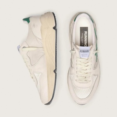 Golden Goose Running Sole In Cream Nylon And Leather With Green Leather Star Golden Goose Running Sole In Cream Nylon And Leather With Green Leather Star