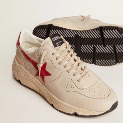 Golden Goose Running Sole In Gray Morn Nappa Leather With Red Nappa Leather Star And Heel Tab Golden Goose Running Sole In Gray Morn Nappa Leather With Red Nappa Leather Star And Heel Tab