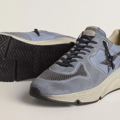 Golden Goose Running Sole In Light Blue Nylon And Nubuck With Black Star Golden Goose Running Sole In Light Blue Nylon And Nubuck With Black Star