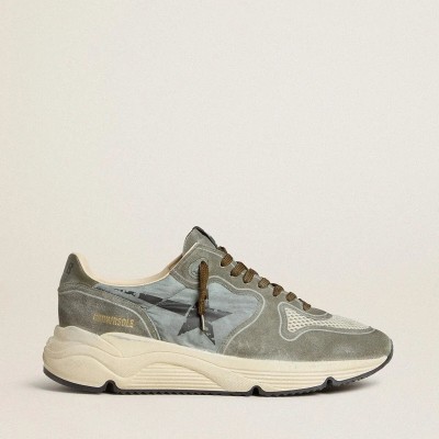 Golden Goose Running Sole In Light Blue Nylon With Black Star And Green Leather Heel Tab Golden Goose Running Sole In Light Blue Nylon With Black Star And Green Leather Heel Tab