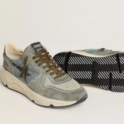 Golden Goose Running Sole In Light Blue Nylon With Black Star And Green Leather Heel Tab Golden Goose Running Sole In Light Blue Nylon With Black Star And Green Leather Heel Tab