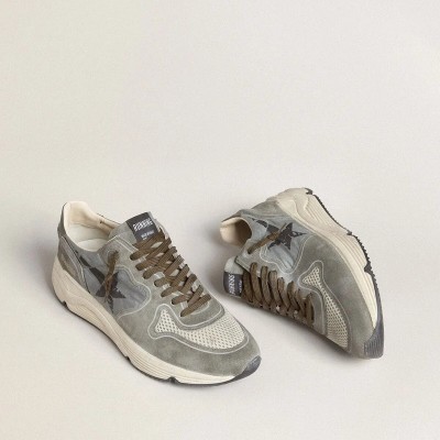 Golden Goose Running Sole In Light Blue Nylon With Black Star And Green Leather Heel Tab Golden Goose Running Sole In Light Blue Nylon With Black Star And Green Leather Heel Tab
