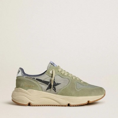 Golden Goose Running Sole In Sage-Green Nylon And Suede With Printed Black Star Golden Goose Running Sole In Sage-Green Nylon And Suede With Printed Black Star