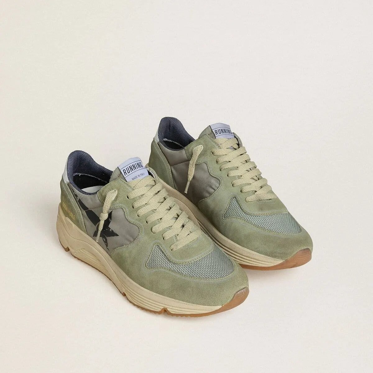 Golden Goose Running Sole In Sage-Green Nylon And Suede With Printed Black Star Golden Goose Running Sole In Sage-Green Nylon And Suede With Printed Black Star