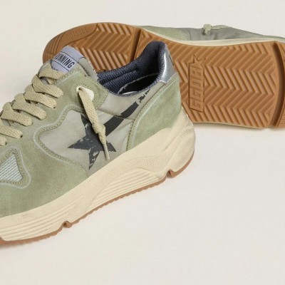 Golden Goose Running Sole In Sage-Green Nylon And Suede With Printed Black Star Golden Goose Running Sole In Sage-Green Nylon And Suede With Printed Black Star