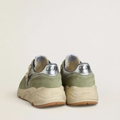 Golden Goose Running Sole In Sage-Green Nylon And Suede With Printed Black Star Golden Goose Running Sole In Sage-Green Nylon And Suede With Printed Black Star
