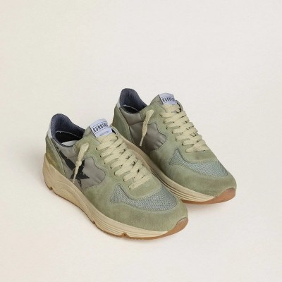 Golden Goose Running Sole In Sage-Green Nylon And Suede With Printed Black Star Golden Goose Running Sole In Sage-Green Nylon And Suede With Printed Black Star