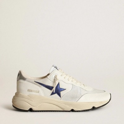 Golden Goose Running Sole In White Leather And Mesh With Blue Laminated Leather Star Golden Goose Running Sole In White Leather And Mesh With Blue Laminated Leather Star