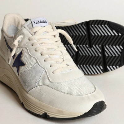 Golden Goose Running Sole In White Leather And Mesh With Blue Laminated Leather Star Golden Goose Running Sole In White Leather And Mesh With Blue Laminated Leather Star