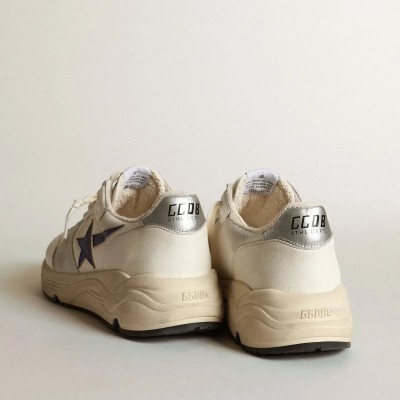 Golden Goose Running Sole In White Leather And Mesh With Blue Laminated Leather Star Golden Goose Running Sole In White Leather And Mesh With Blue Laminated Leather Star