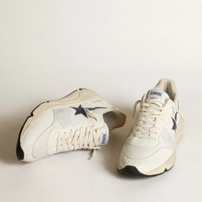 Golden Goose Running Sole In White Leather And Mesh With Blue Laminated Leather Star Golden Goose Running Sole In White Leather And Mesh With Blue Laminated Leather Star