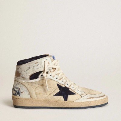 Golden Goose Sky-Star In Cream-Colored Nylon And Leather With Blue Suede Star Golden Goose Sky-Star In Cream-Colored Nylon And Leather With Blue Suede Star