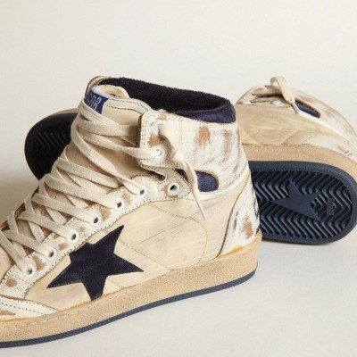 Golden Goose Sky-Star In Cream-Colored Nylon And Leather With Blue Suede Star Golden Goose Sky-Star In Cream-Colored Nylon And Leather With Blue Suede Star