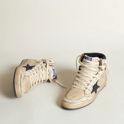 Golden Goose Sky-Star In Cream-Colored Nylon And Leather With Blue Suede Star Golden Goose Sky-Star In Cream-Colored Nylon And Leather With Blue Suede Star